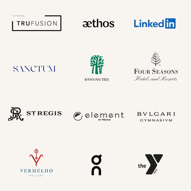 Grid of logos for Truefusion Aethos LinkedIn Sanctum Banyan Tree Four Seasons Hotels and Resorts St Regis Element by Westin Bulgari Gymnasium Vermelho On and the Y